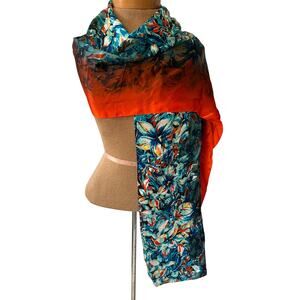 Vintage Cynthia Rowley Floral silk or wrap scarf blue red yellow gradiant 13x68